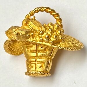 Vintage 90’s Gold Tone Givenchy Signed Money Floral Basket Brooch Hat Pin Gift